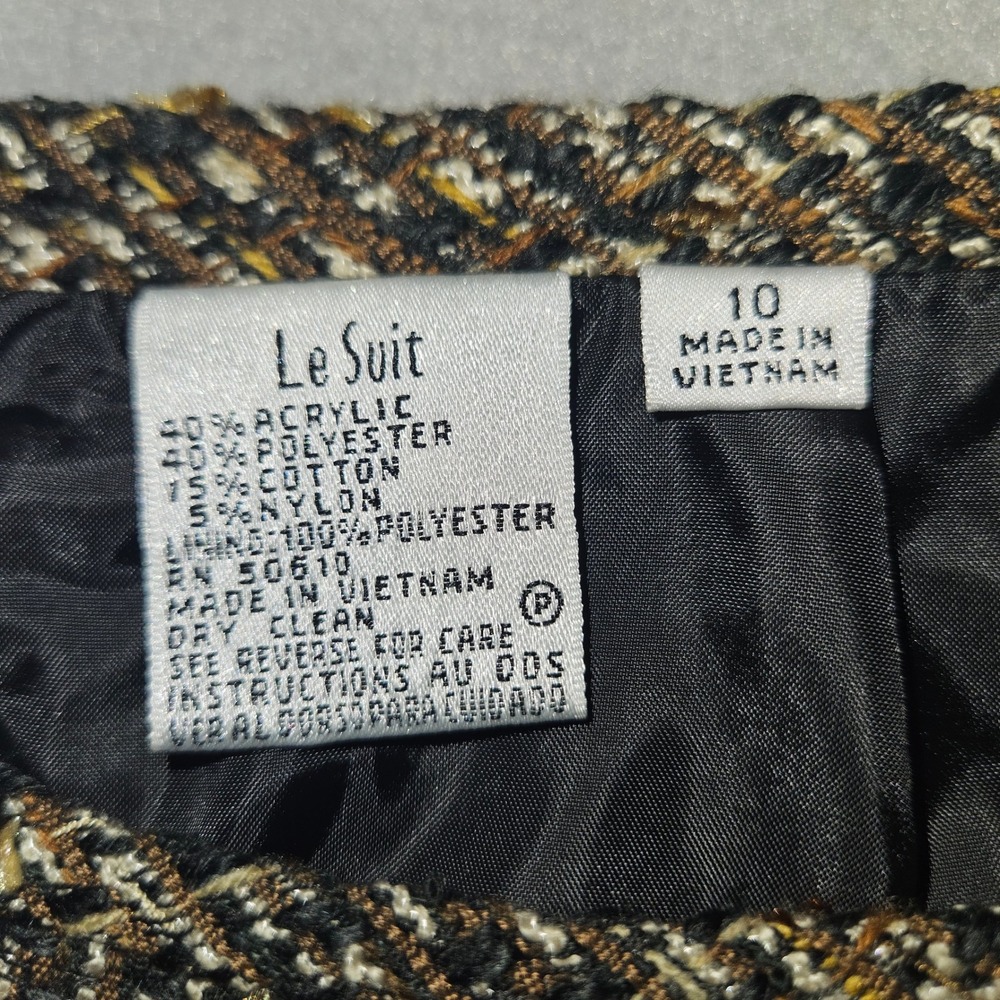 Le Suit VTG Style Tweed Blazer Skirt Set Brown Gold Plaid Sz 10 - Picture 12 of 14